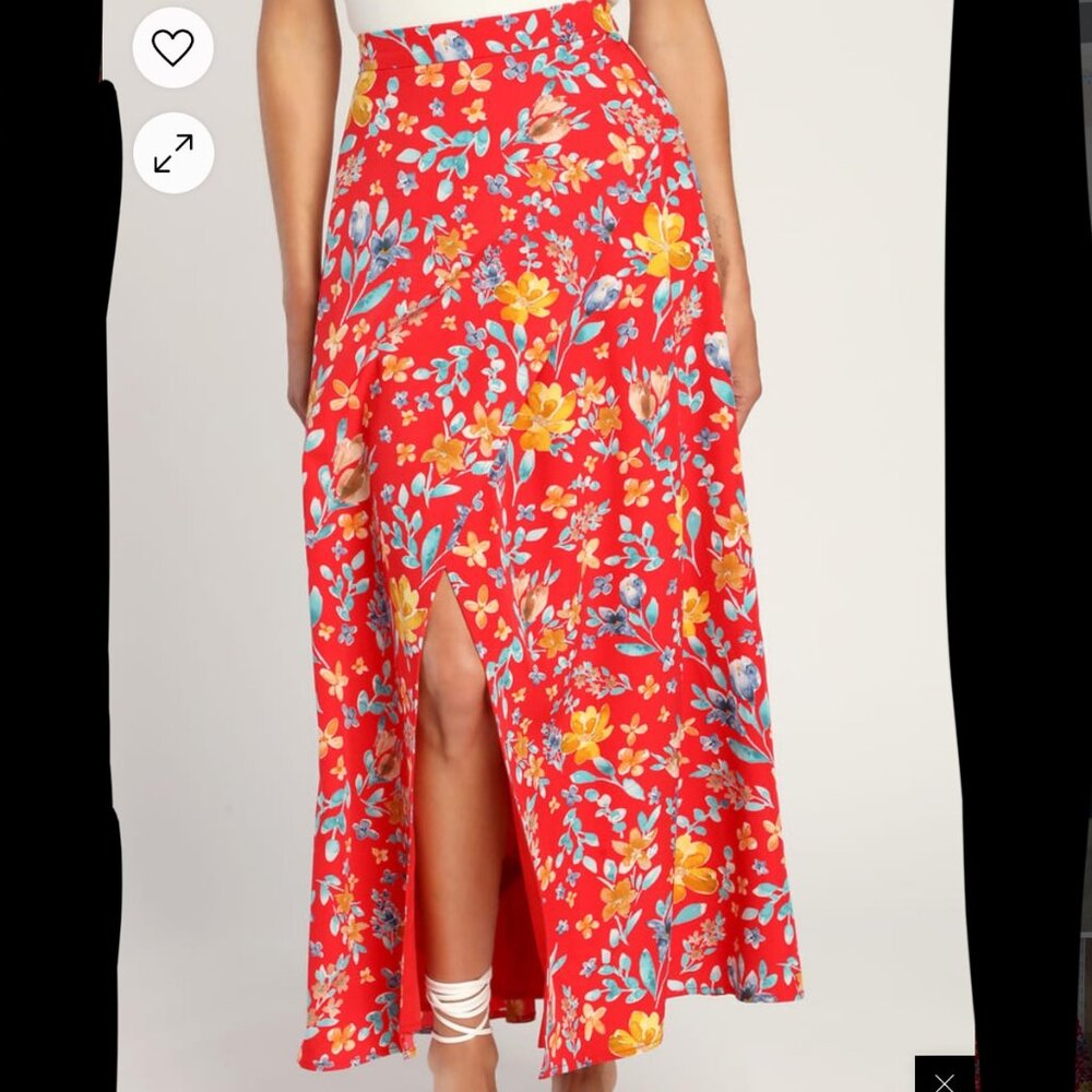 Lulu's Sweet Sight Red Floral Print Faux-Wrap Maxi Skirt